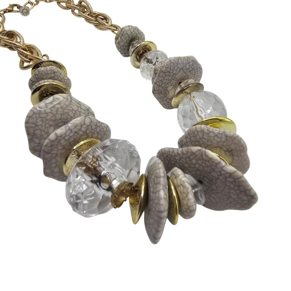 Chunky Statement Gold Tone‎ White/Gray Bead Chain Chic Fashion Jewelry Necklace - Picture 8 of 11